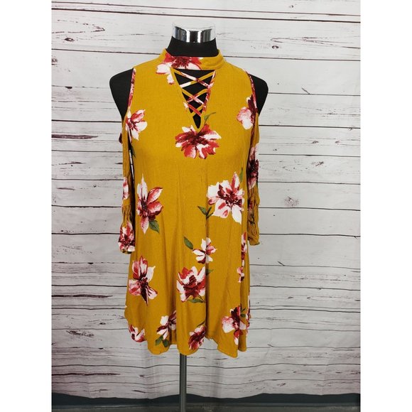 Andree By Unit small Mustard‎ Floral crisscross cold shoulder Dress - Picture 8 of 12
